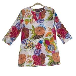 Kikisol Women's Shirt Sz S Floral Tropical Cotton Tunic 3/4 Sleeves Boho Blouse